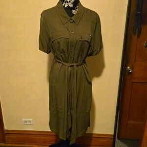 Womens Olive Green Button-Up Shirt Dress DKNY size L